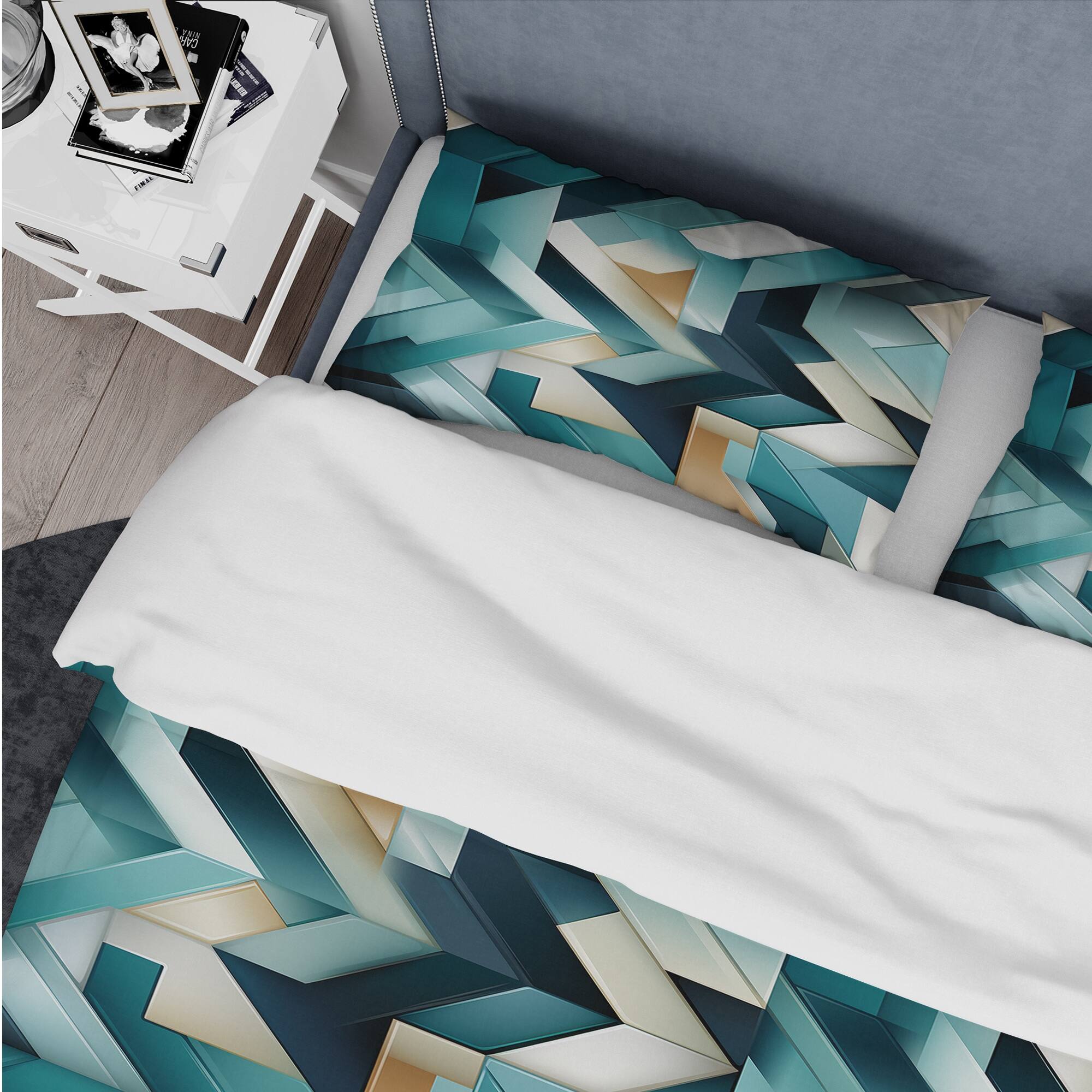Designart "Teal Modern Geometric Tiles II" White Modern Bed Cover Set